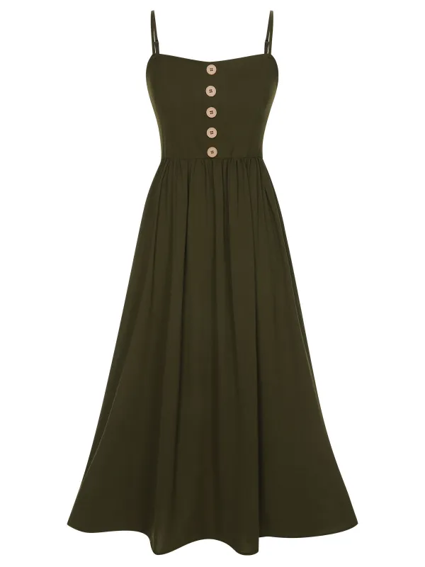 Dark Green 1940s Solid Button Sling Dress sold by Retro Stage