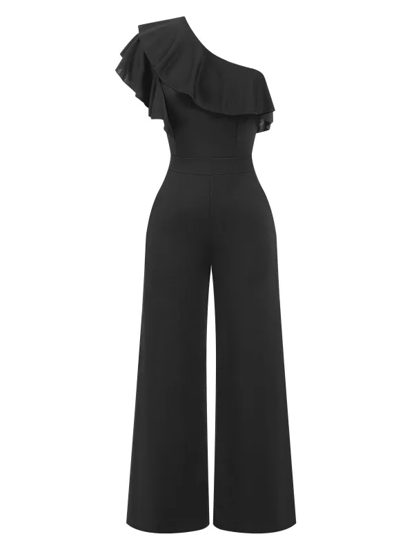 Black 1940s Solid One Shoulder Jumpsuit sold by Retro Stage