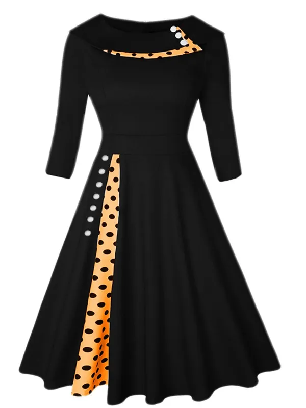 Black 1950s Wide Lapel Polka Dots Patchwork Dress sold by Retro Stage