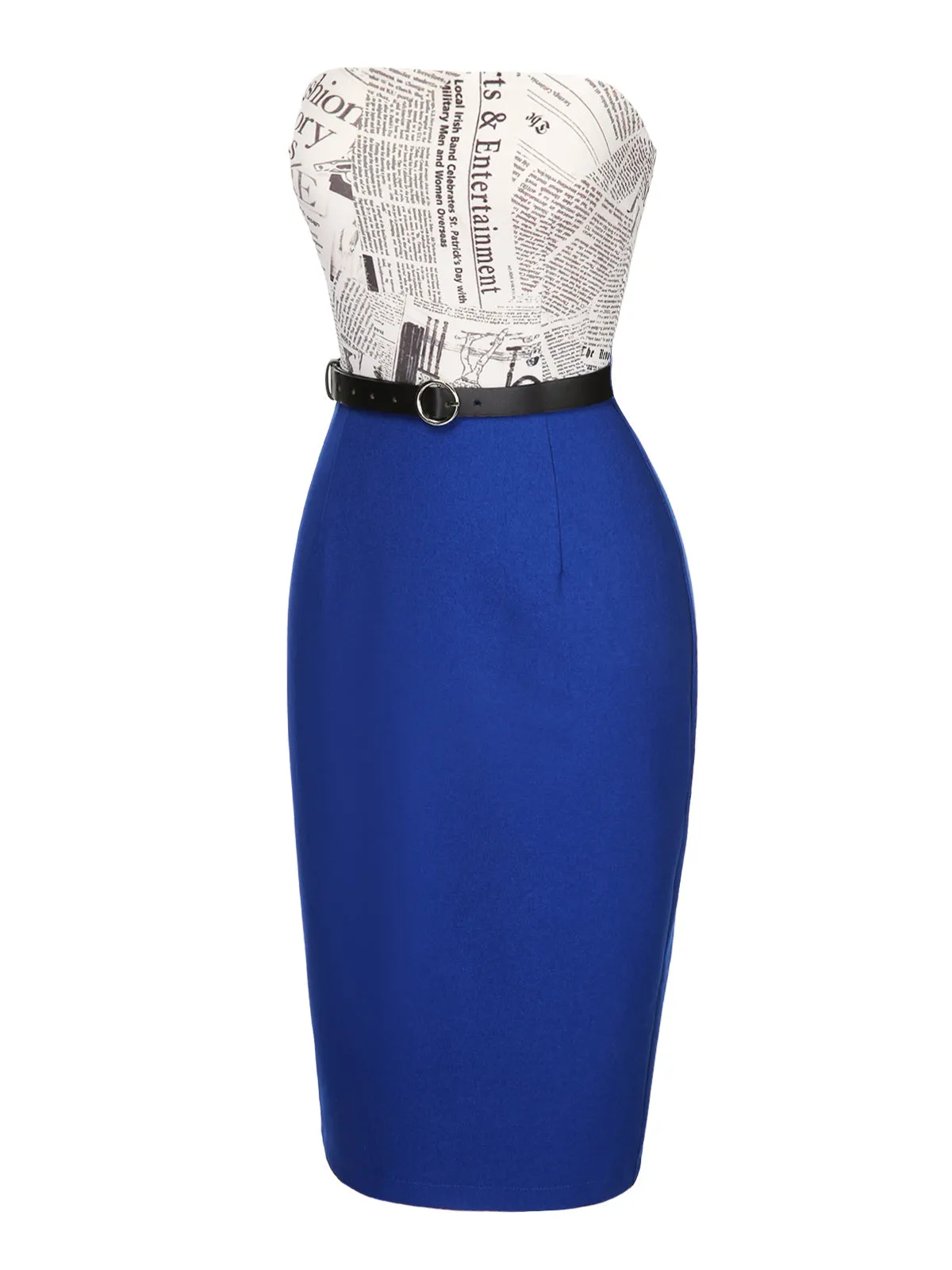 Dark Blue 1960s Bandeau Newspaper Belted Pencil Dress sold by Retro Stage product image thumbnail 3