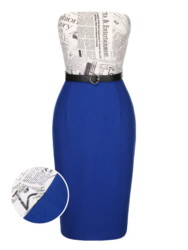 Dark Blue 1960s Bandeau Newspaper Belted Pencil Dress sold by Retro Stage