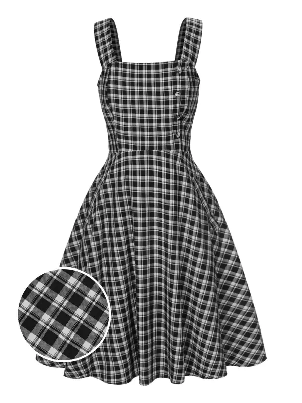 Dark Gray 1950s Strap Plaids Sleeveless Dress sold by Retro Stage