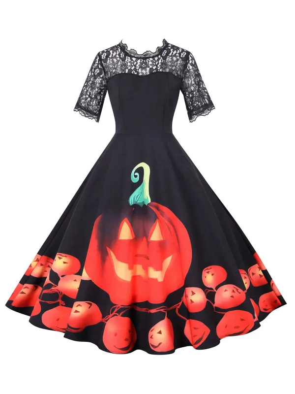 Black 1950s Halloween Lace Sleeves Patchwork Dress sold by Retro Stage