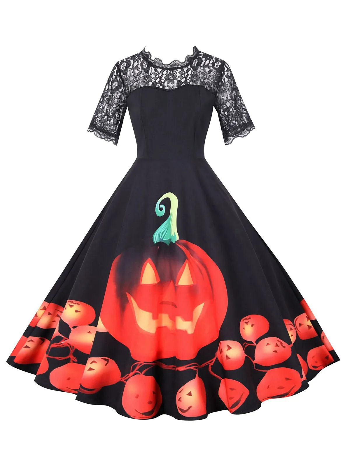 Black 1950s Halloween Lace Sleeves Patchwork Dress sold by Retro Stage