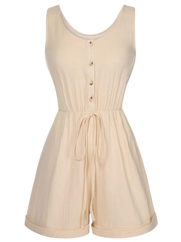 Beige 1950s Strap Belted Sleeveless Romper sold by Retro Stage