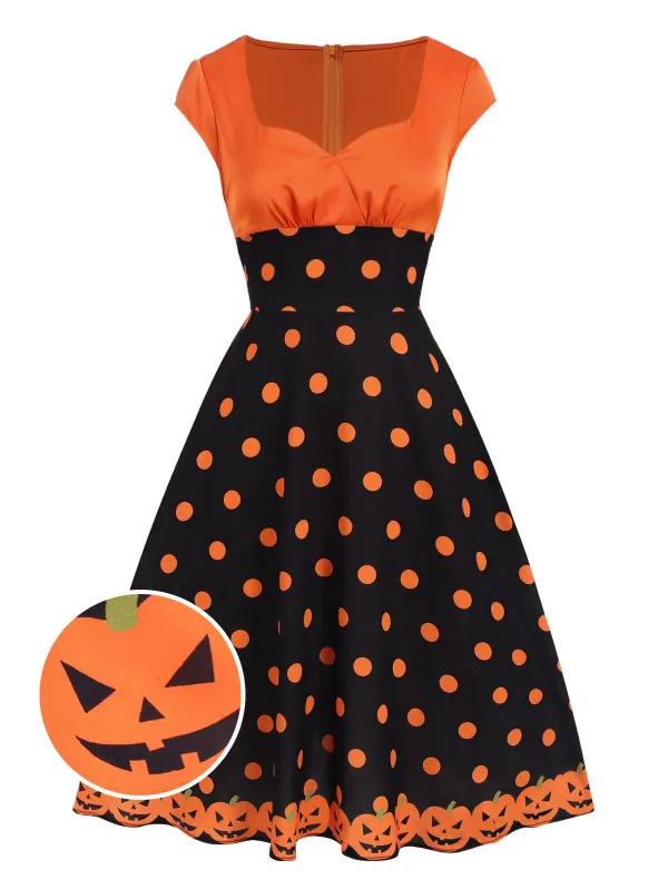 Orange 1950s Pumpkin Face Sweetheart Neck Dress sold by Retro Stage