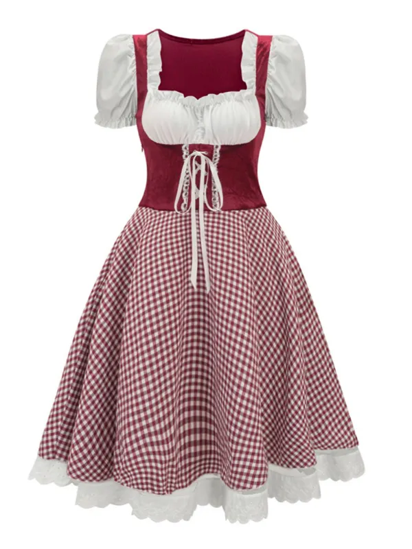 1950s Oktoberfest Puff Sleeves Gingham Plaid Dress sold by Retro Stage