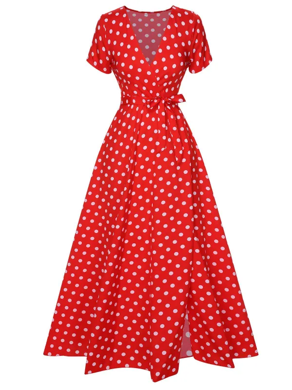 1930s Side Slit Deep V-Neck Polka Dots Dress sold by Retro Stage