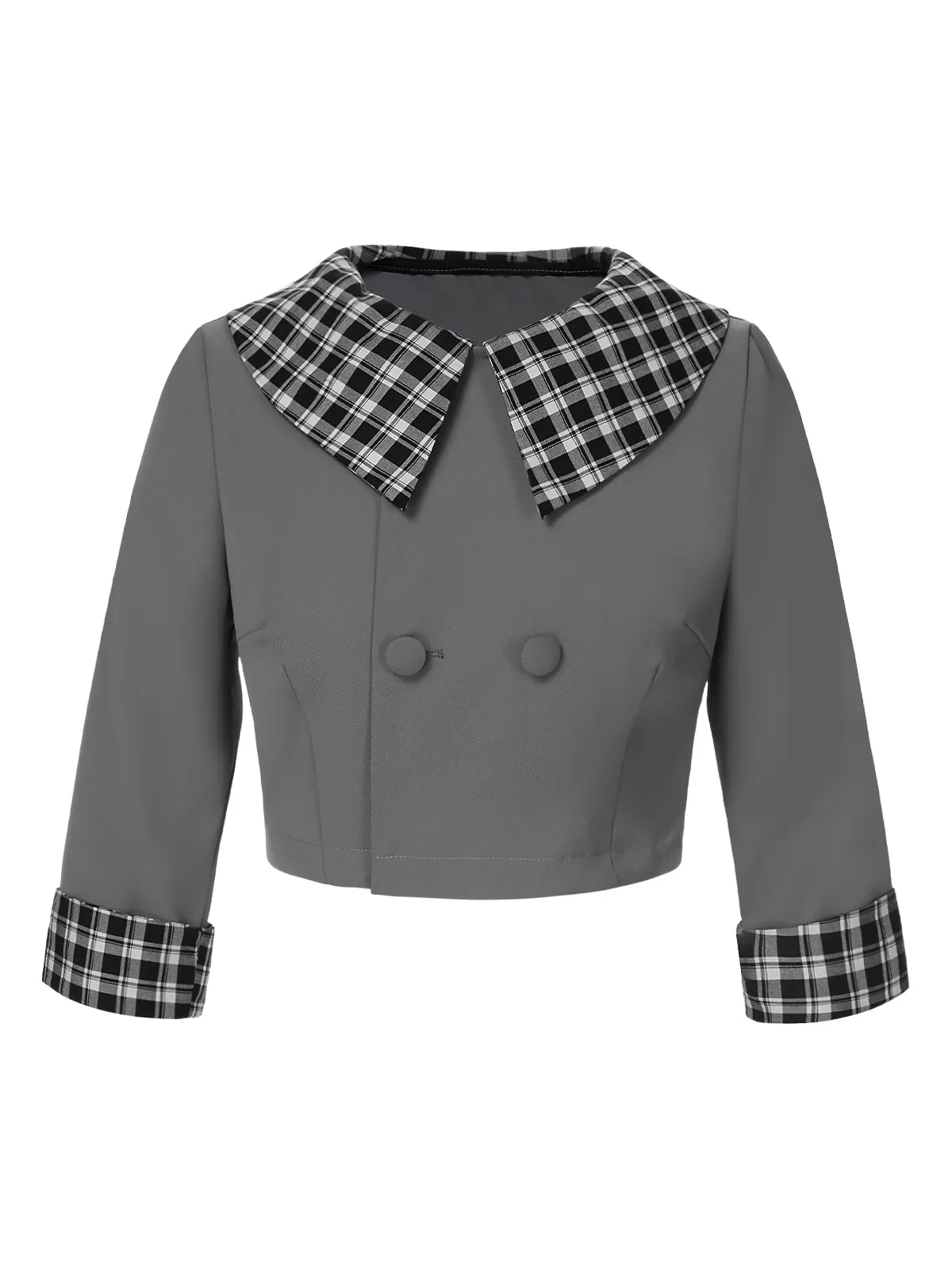 Dark Gray 1950s Lapel Rolled Sleeve Plaid Short Coat sold by Retro Stage product image thumbnail 2