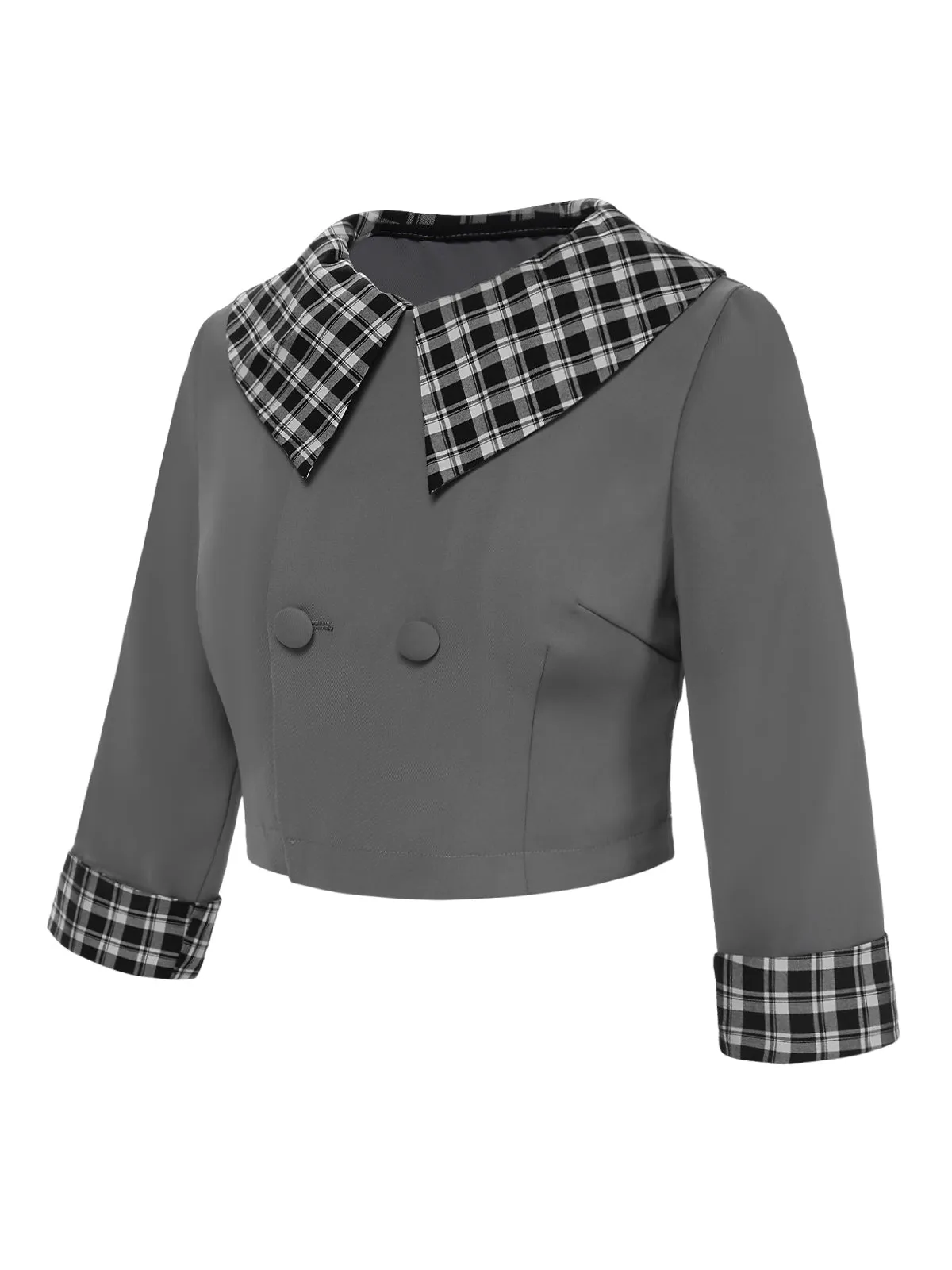 Dark Gray 1950s Lapel Rolled Sleeve Plaid Short Coat sold by Retro Stage product image thumbnail 3