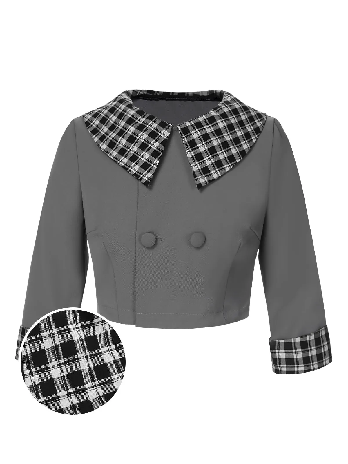 Dark Gray 1950s Lapel Rolled Sleeve Plaid Short Coat sold by Retro Stage
