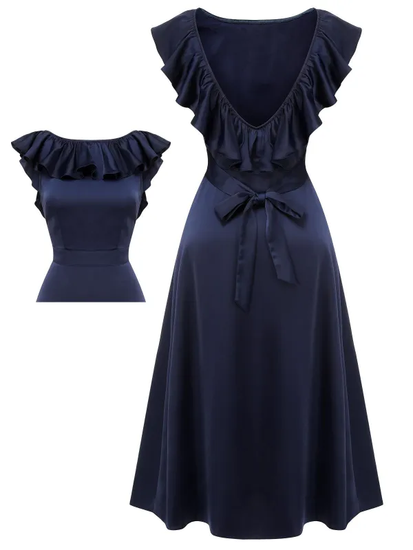 Dark Blue 1930s Flounce Sleeve Cowl Neck Trumpet Dress sold by Retro Stage