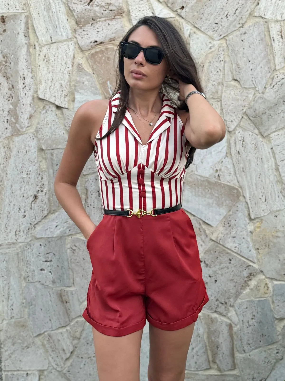 Brick Red 1940s Striped Lapel Romper sold by Retro Stage
