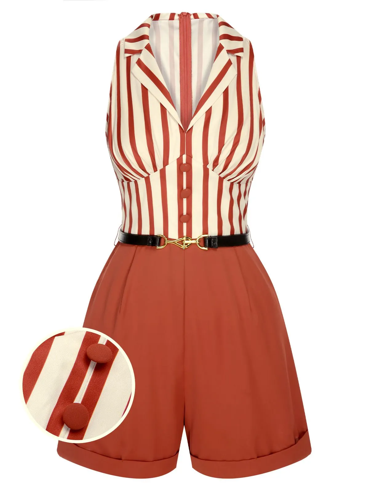 Brick Red 1940s Striped Lapel Romper sold by Retro Stage product image thumbnail 2