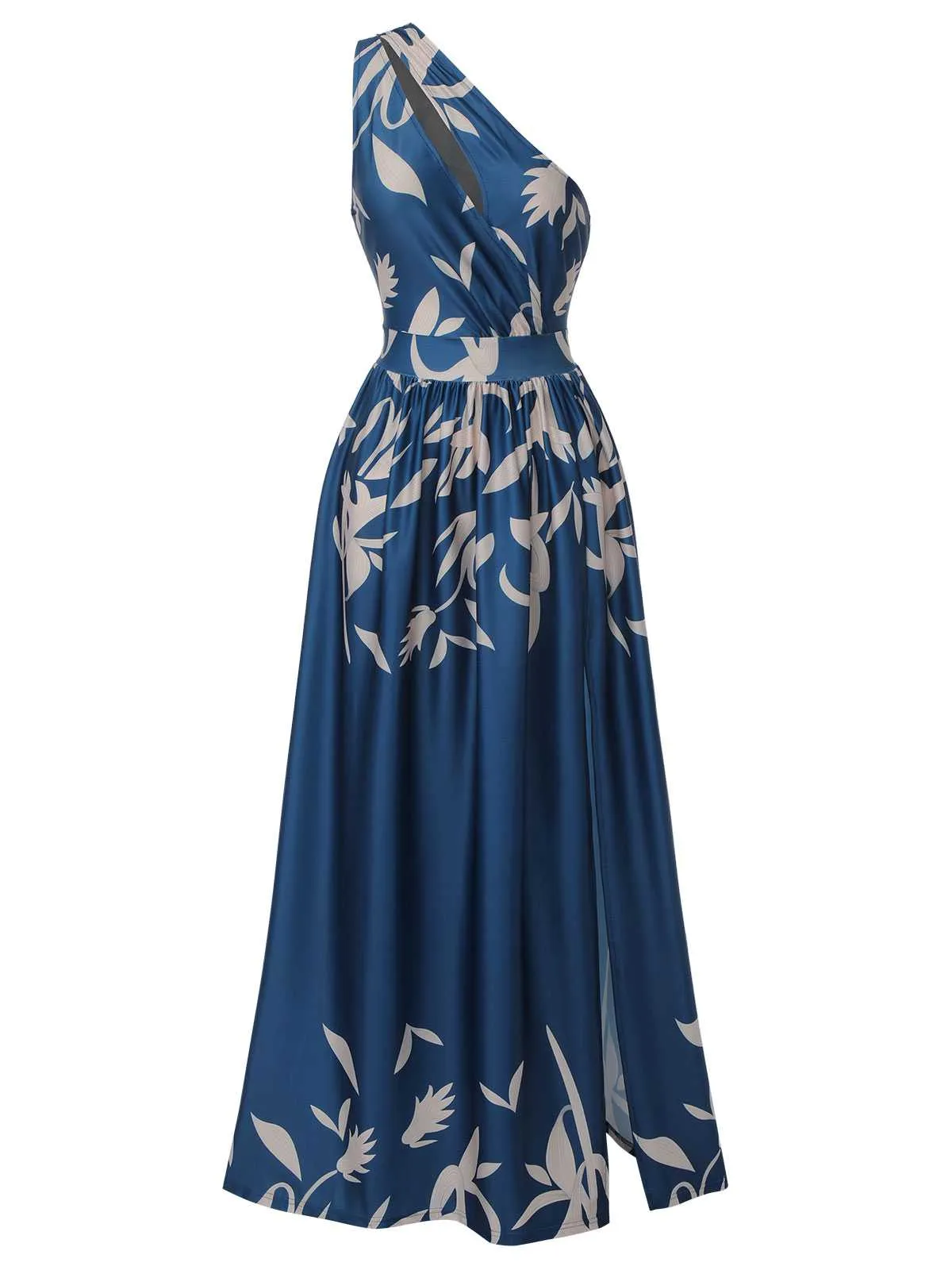 Blue 1940s One-Shoulder Plants Slit Dress sold by Retro Stage product image thumbnail 3