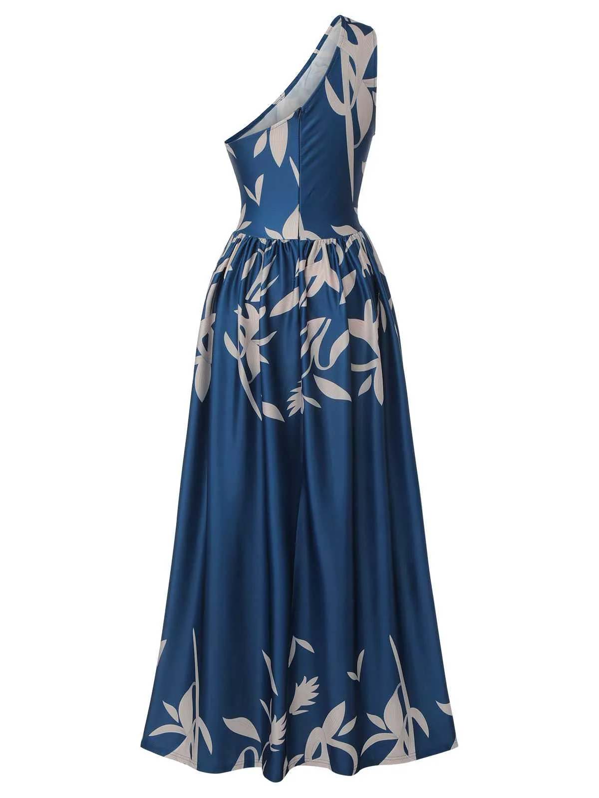 Blue 1940s One-Shoulder Plants Slit Dress sold by Retro Stage product image thumbnail 5