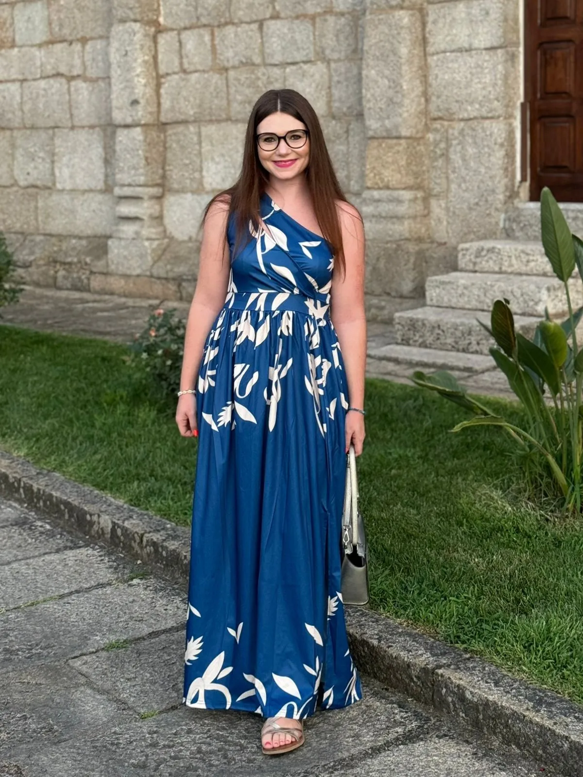 Blue 1940s One-Shoulder Plants Slit Dress sold by Retro Stage