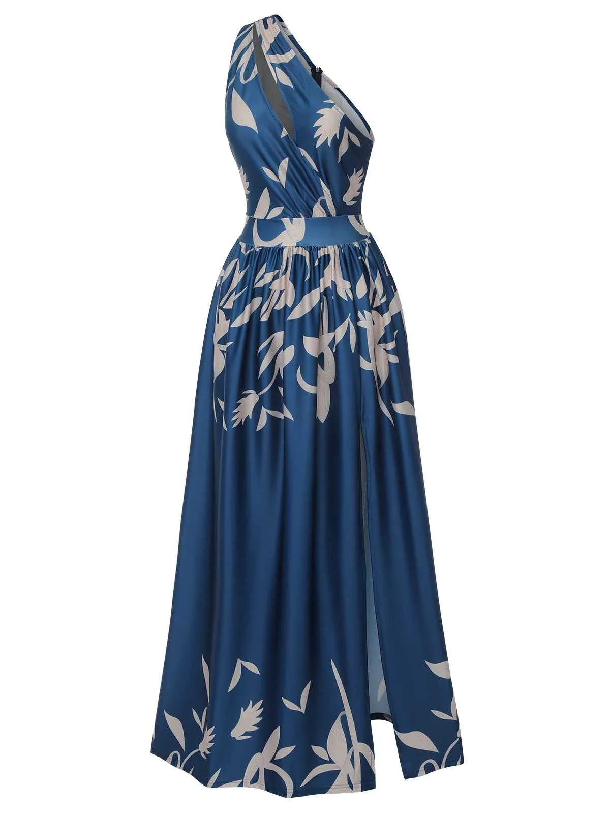 Blue 1940s One-Shoulder Plants Slit Dress sold by Retro Stage product image thumbnail 4