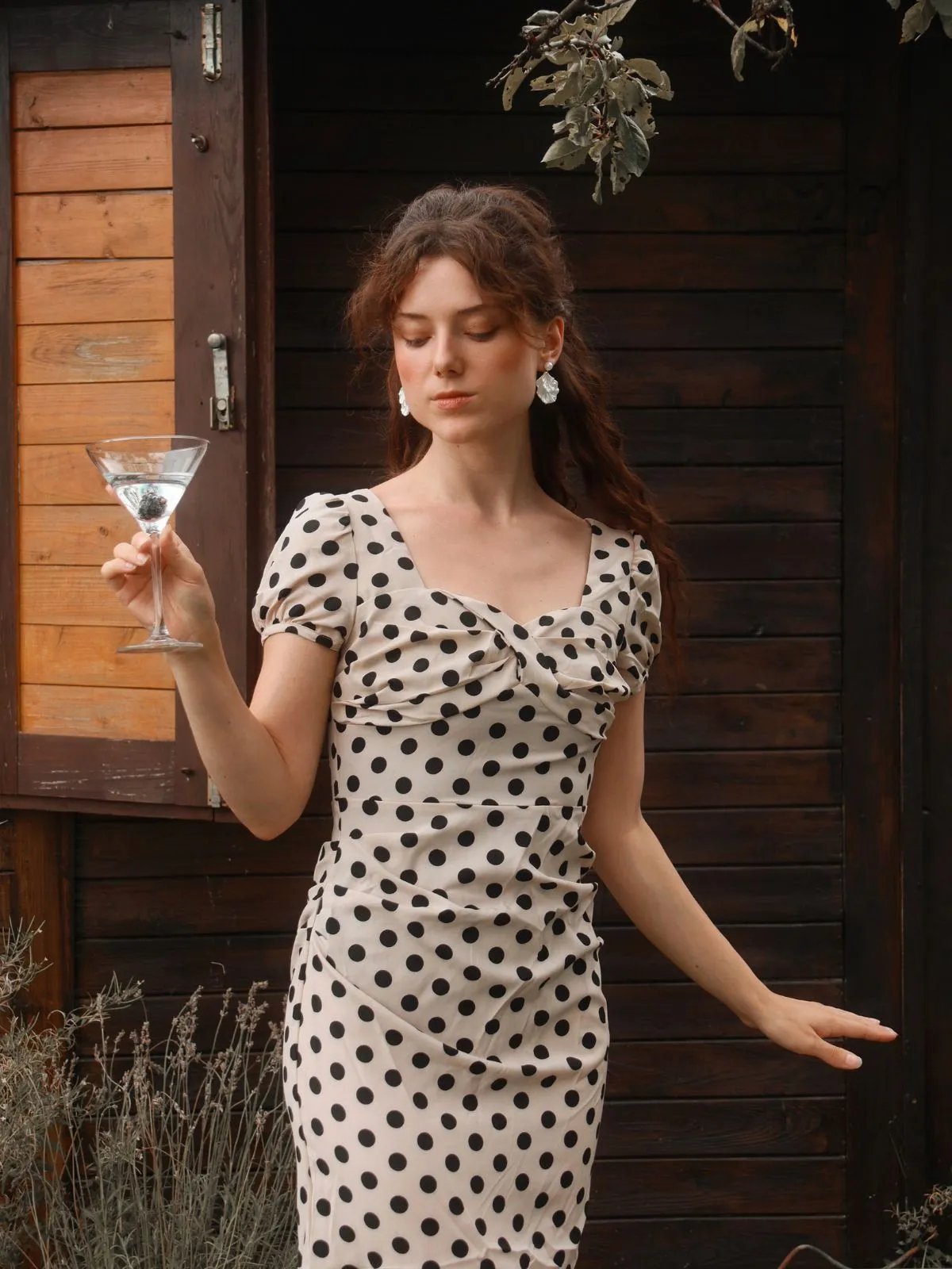 Beige 1960s Polka Dot Square Neck Puff Dress sold by Retro Stage