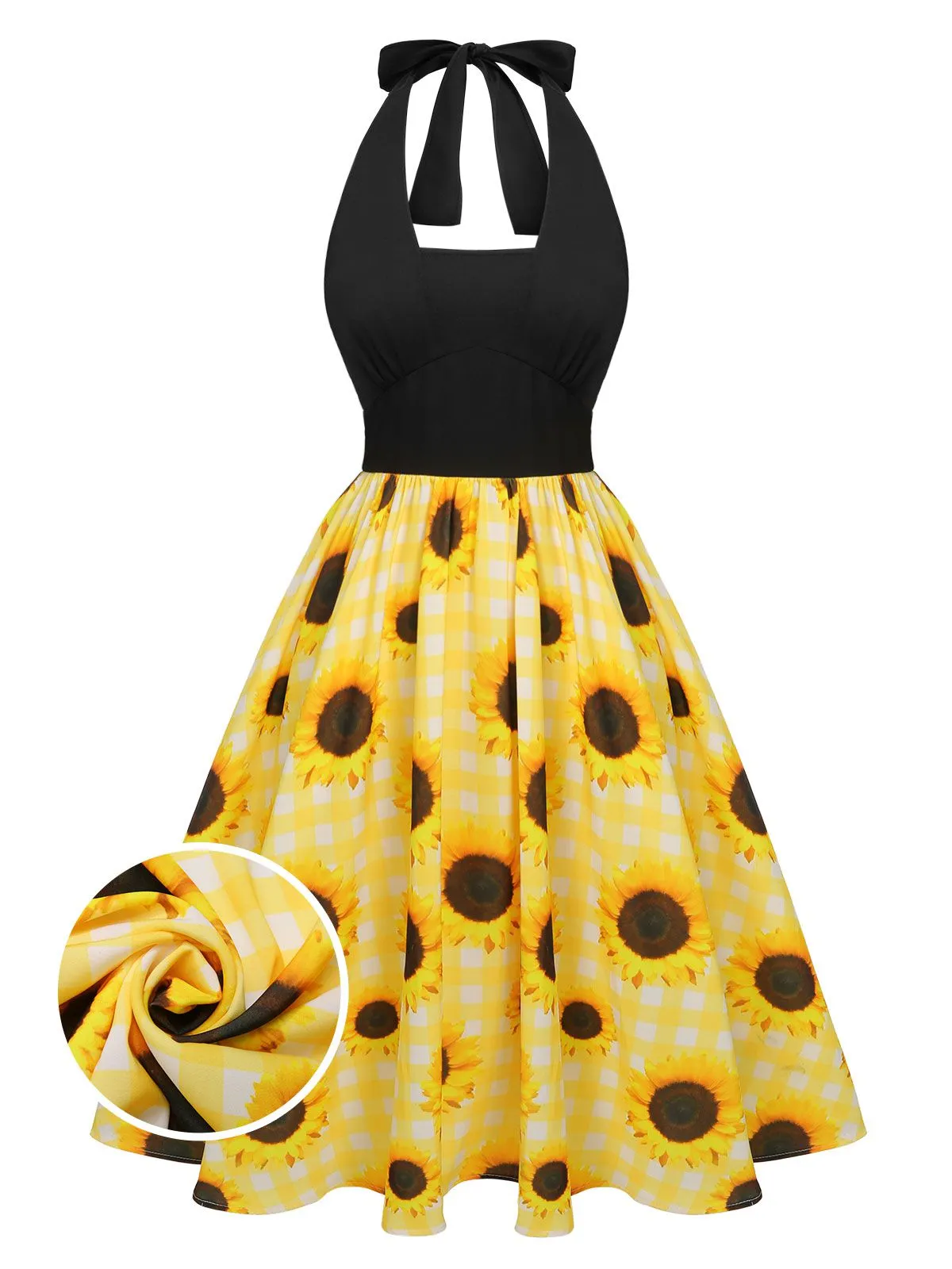 Yellow 1950s Sunflower Plaid Halter Dress sold by Retro Stage product image thumbnail 2