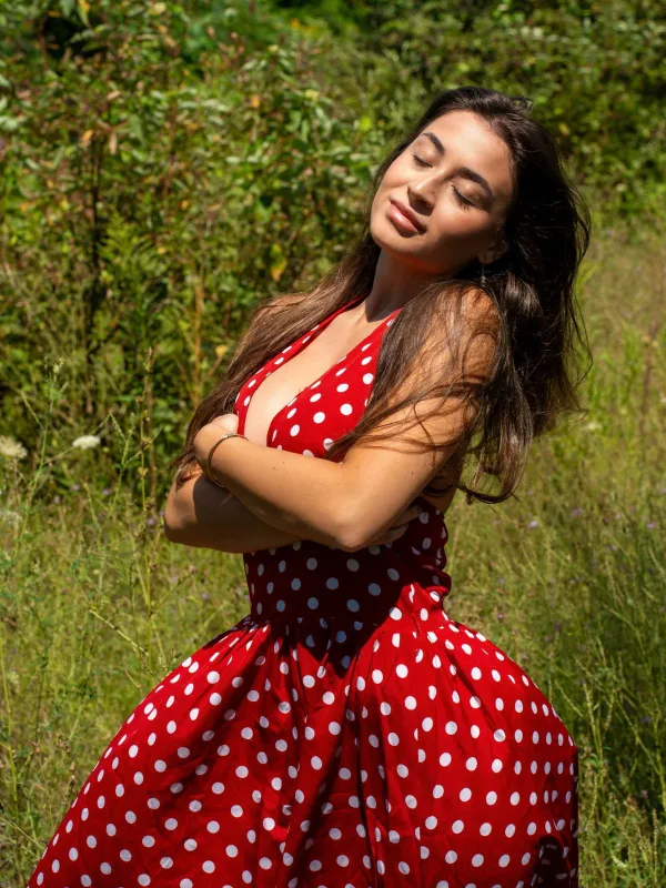 Red 1950s Polka Dot Halter Dress sold by Retro Stage
