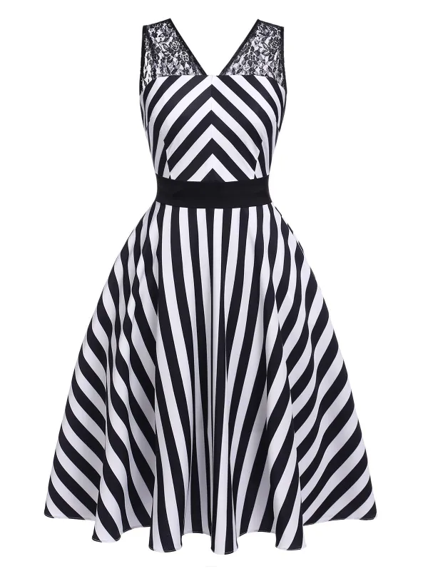Black 1950s Stripes Lace Swing Dress sold by Retro Stage