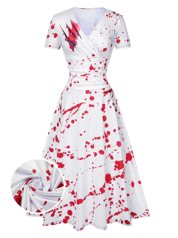 White 1940s Halloween Bloodstains V-Neck Dress sold by Retro Stage