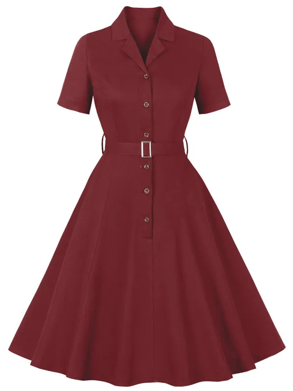 Wine Red 1950s Solid Lapel Belted Dress sold by Retro Stage