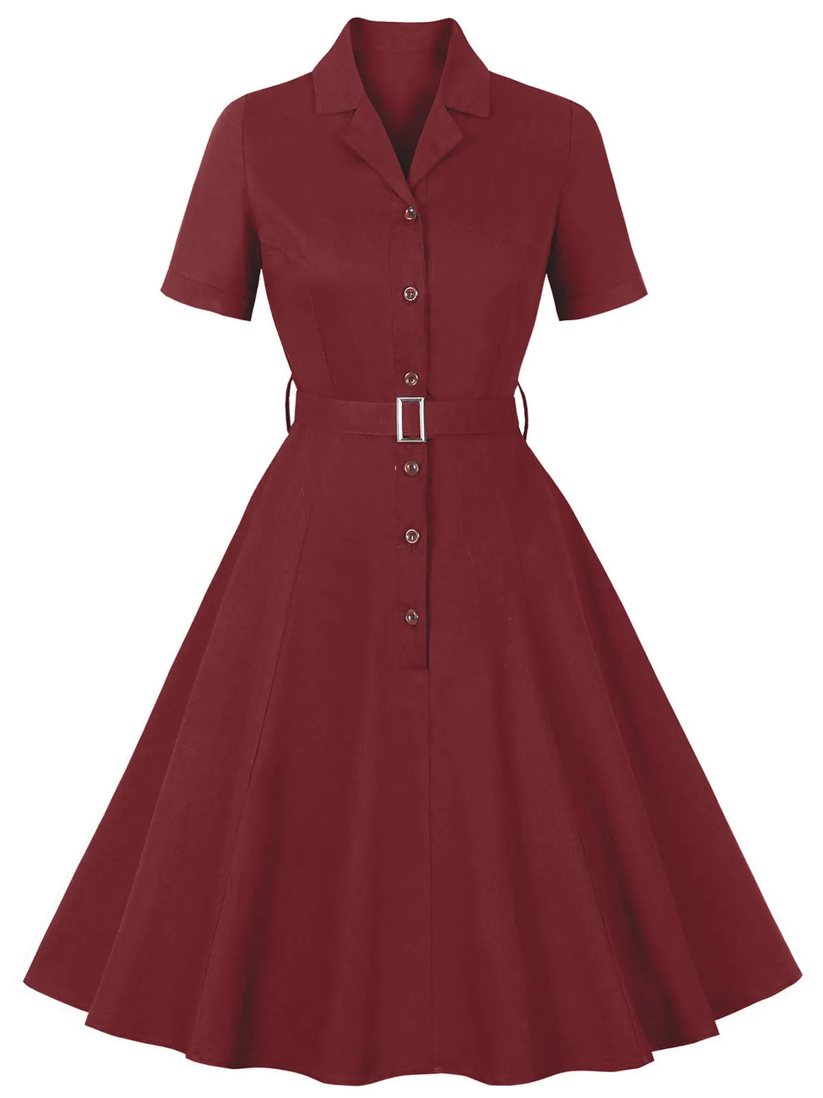 Wine Red 1950s Solid Lapel Belted Dress sold by Retro Stage