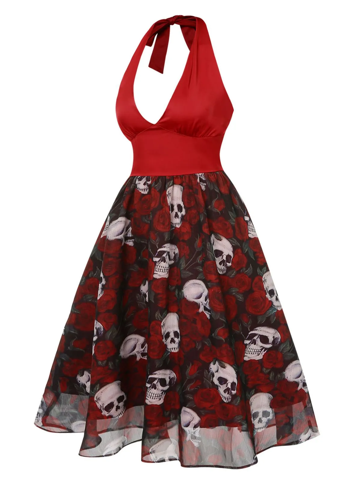 Wine Red 1950s Halter Haloween Roses Skeleton Mesh Dress sold by Retro Stage product image thumbnail 3