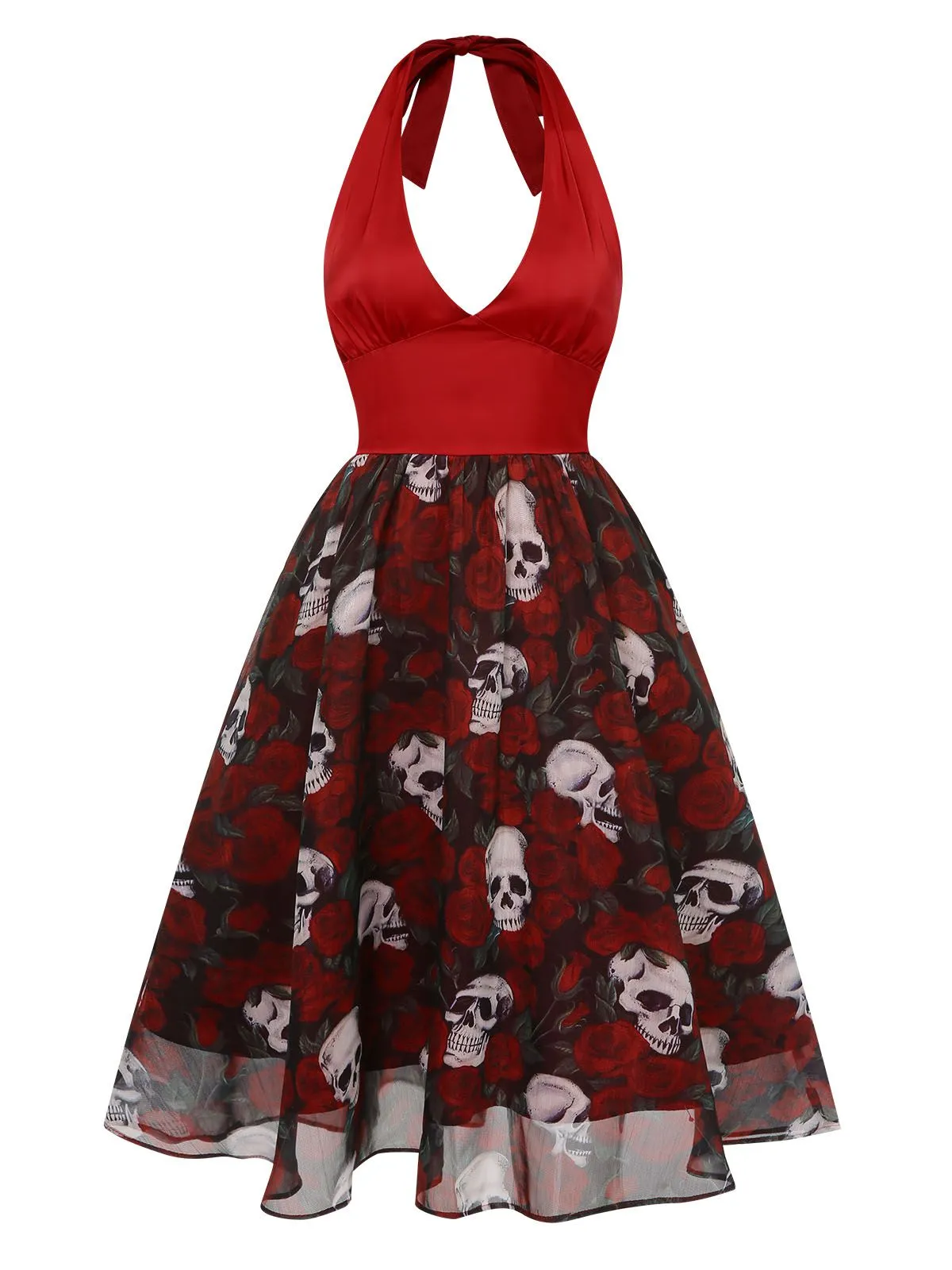 Wine Red 1950s Halter Haloween Roses Skeleton Mesh Dress sold by Retro Stage product image thumbnail 2