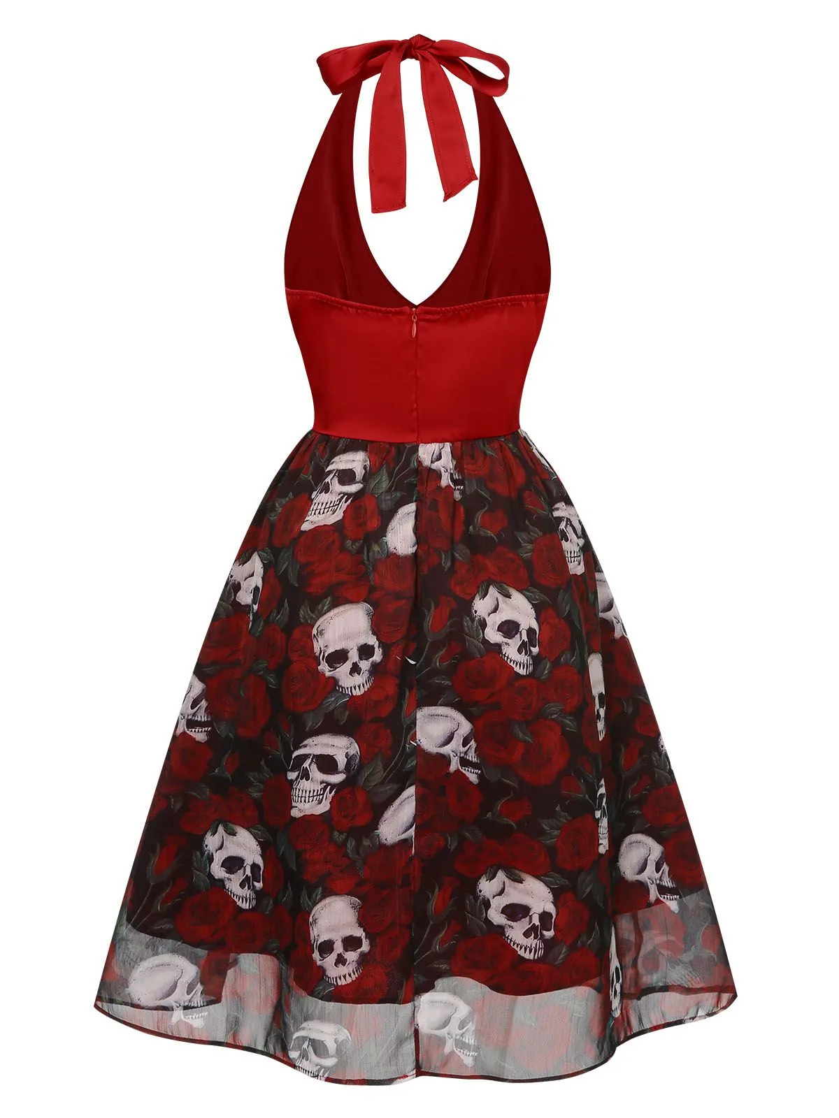 Wine Red 1950s Halter Haloween Roses Skeleton Mesh Dress sold by Retro Stage product image thumbnail 4