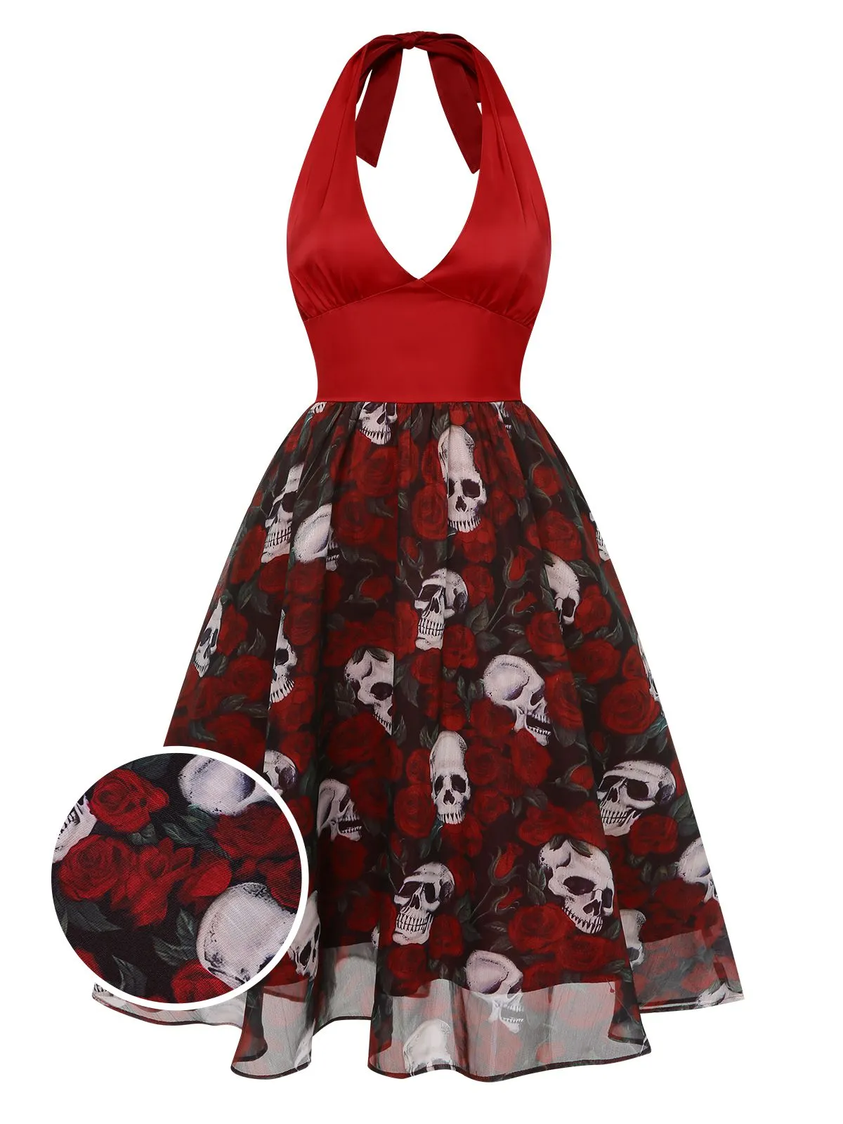 Wine Red 1950s Halter Haloween Roses Skeleton Mesh Dress sold by Retro Stage