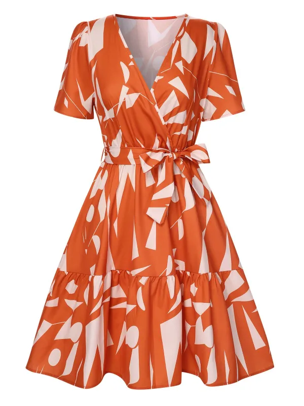 Orange Red 1940s Geometric Surplice V-Neck Dress sold by Retro Stage