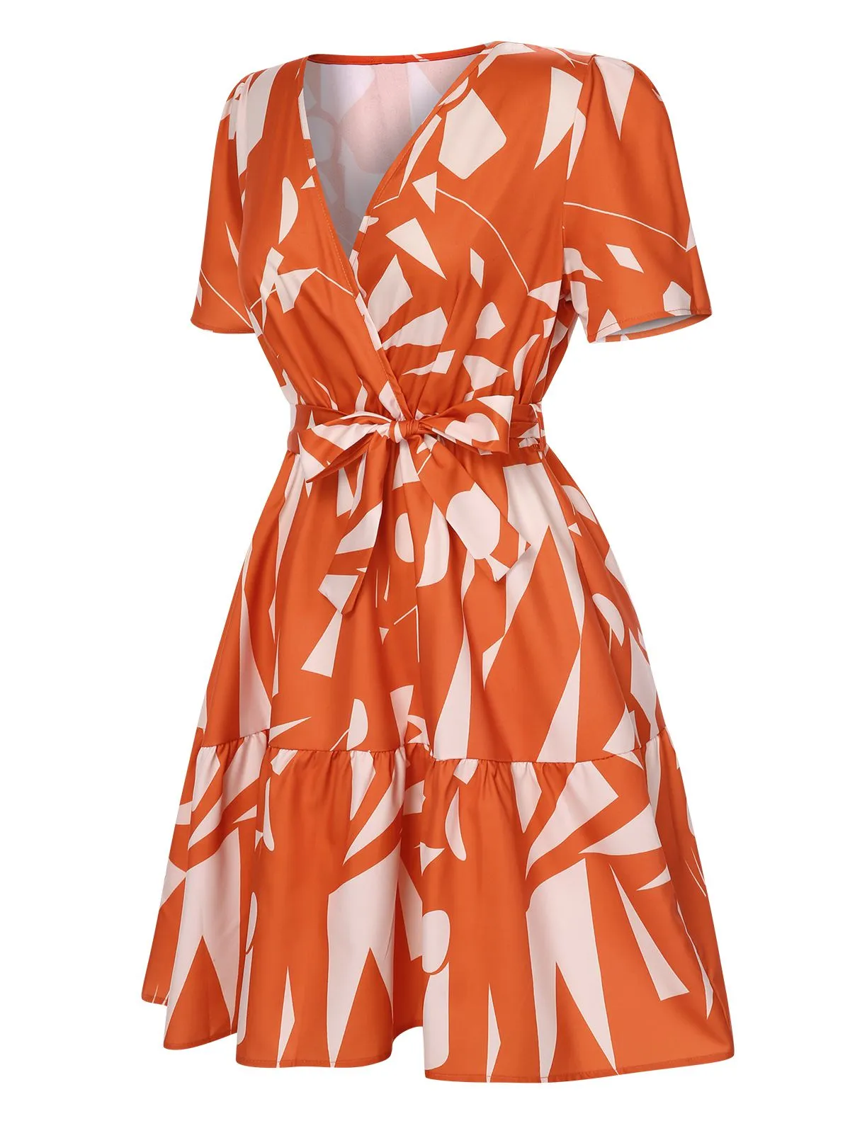 Orange Red 1940s Geometric Surplice V-Neck Dress sold by Retro Stage product image thumbnail 2