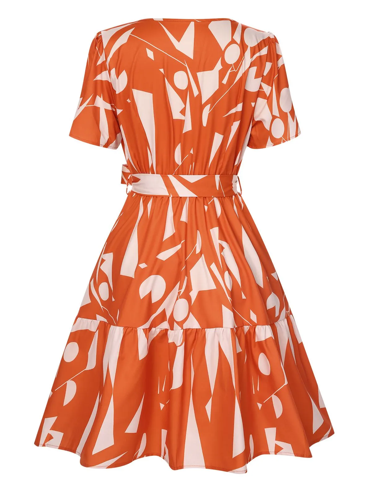 Orange Red 1940s Geometric Surplice V-Neck Dress sold by Retro Stage product image thumbnail 3