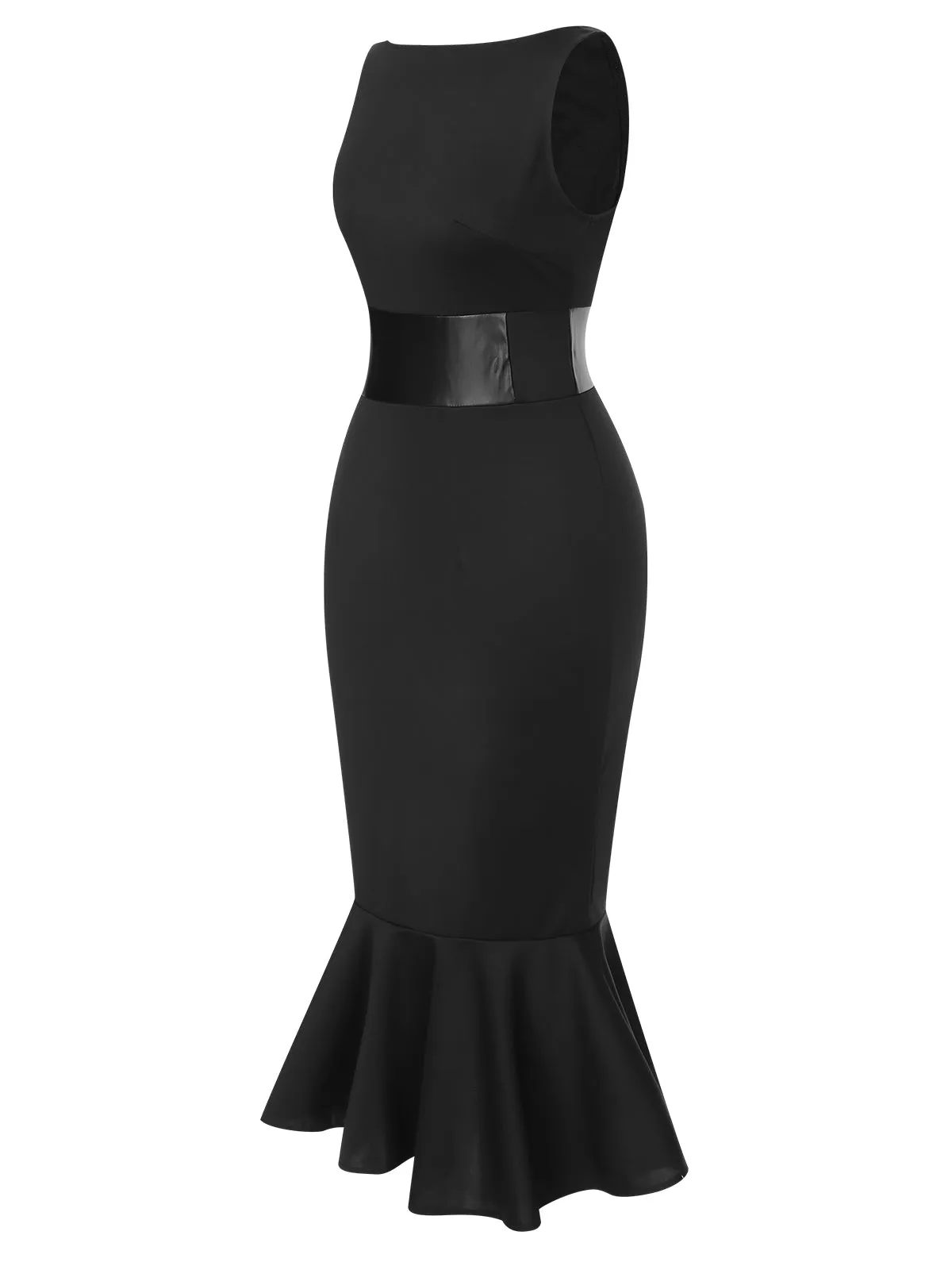 Black 1930s Solid Leather Patchwork Fishtail Dress sold by Retro Stage product image thumbnail 2