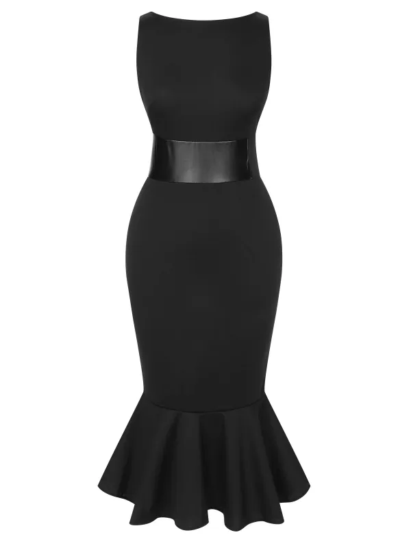 Black 1930s Solid Leather Patchwork Fishtail Dress sold by Retro Stage