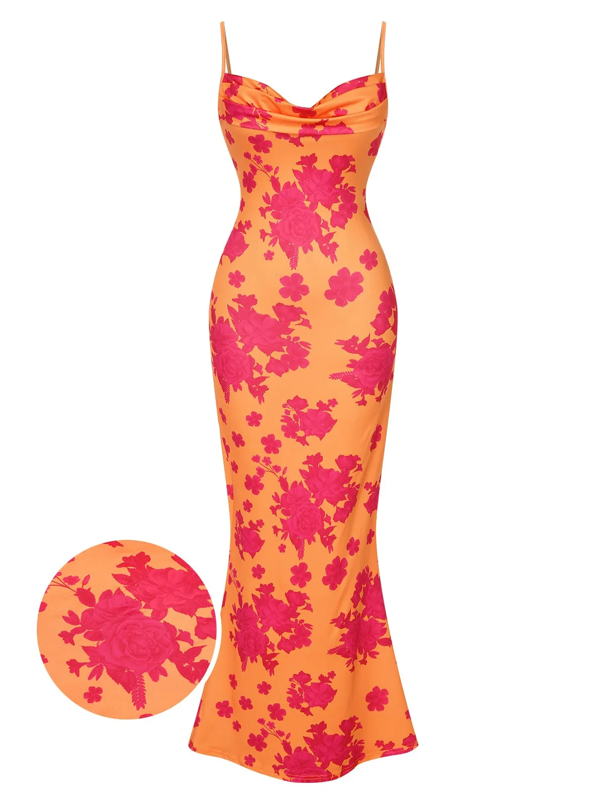 Orange 1930s Floral Cowl Neck Fishtail Dress sold by Retro Stage