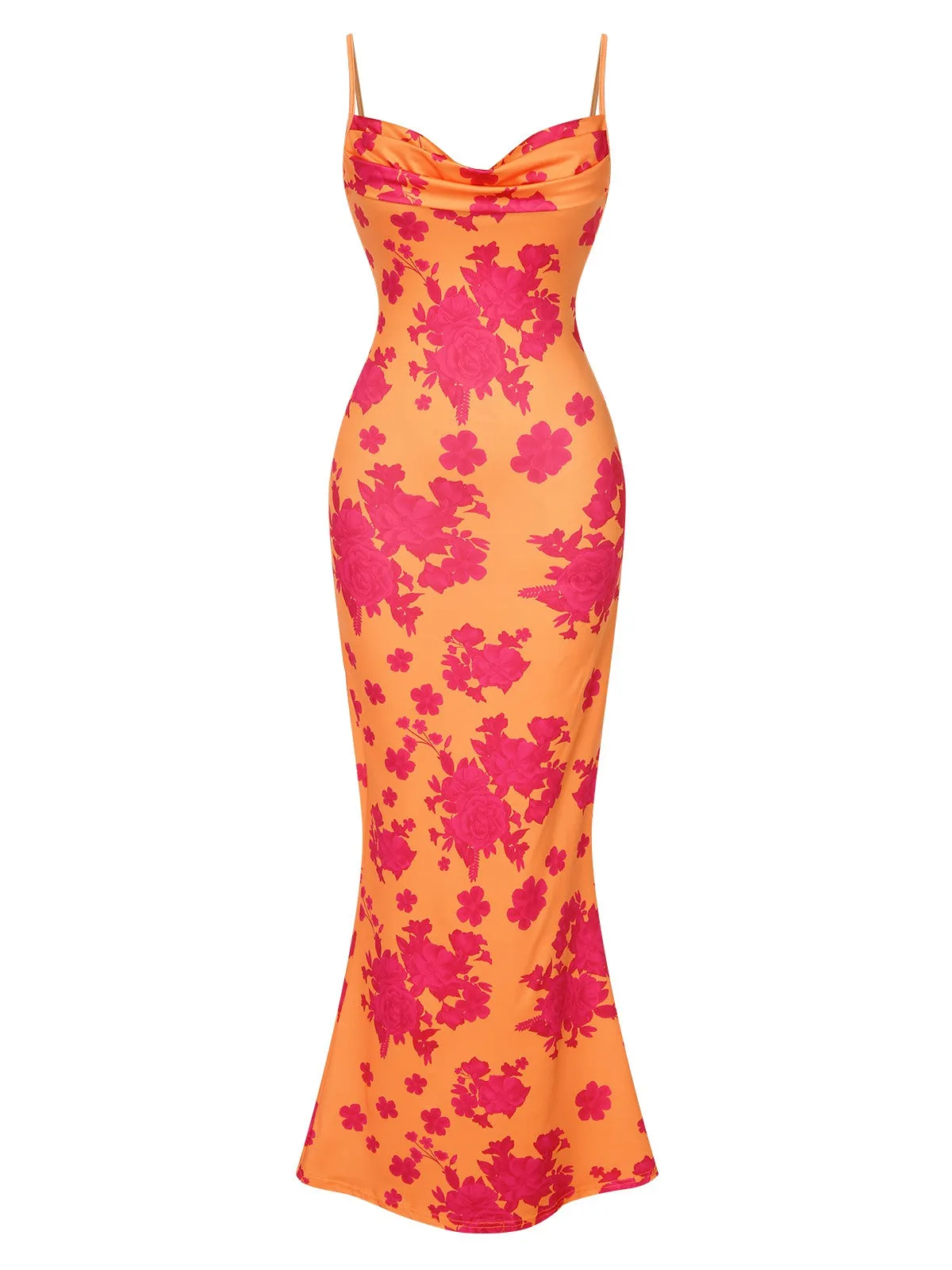 Orange 1930s Floral Cowl Neck Fishtail Dress sold by Retro Stage product image thumbnail 2