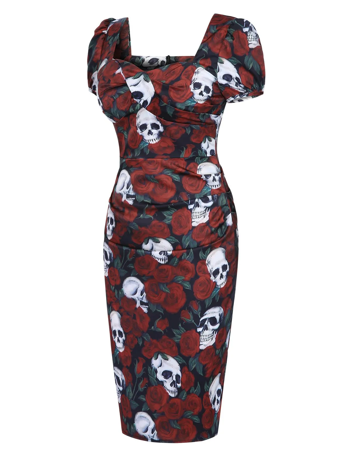 Red 1960s Rose Skull Sqaure Neck Pencil Dress sold by Retro Stage product image thumbnail 3