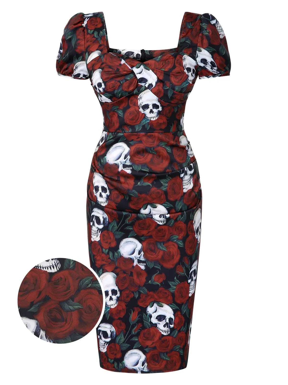 Red 1960s Rose Skull Sqaure Neck Pencil Dress sold by Retro Stage