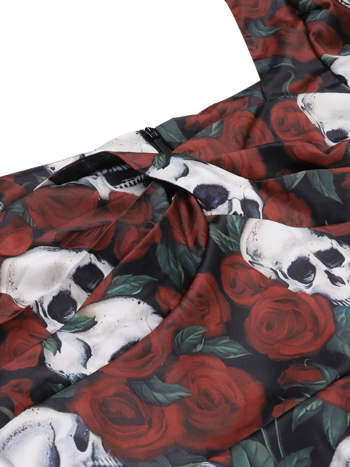 Red 1960s Rose Skull Sqaure Neck Pencil Dress sold by Retro Stage product image thumbnail 5