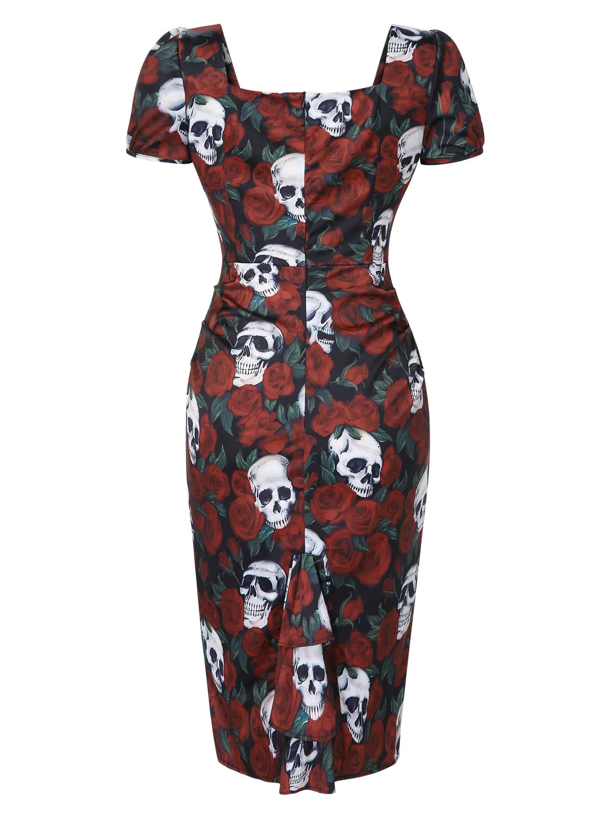 Red 1960s Rose Skull Sqaure Neck Pencil Dress sold by Retro Stage product image thumbnail 4