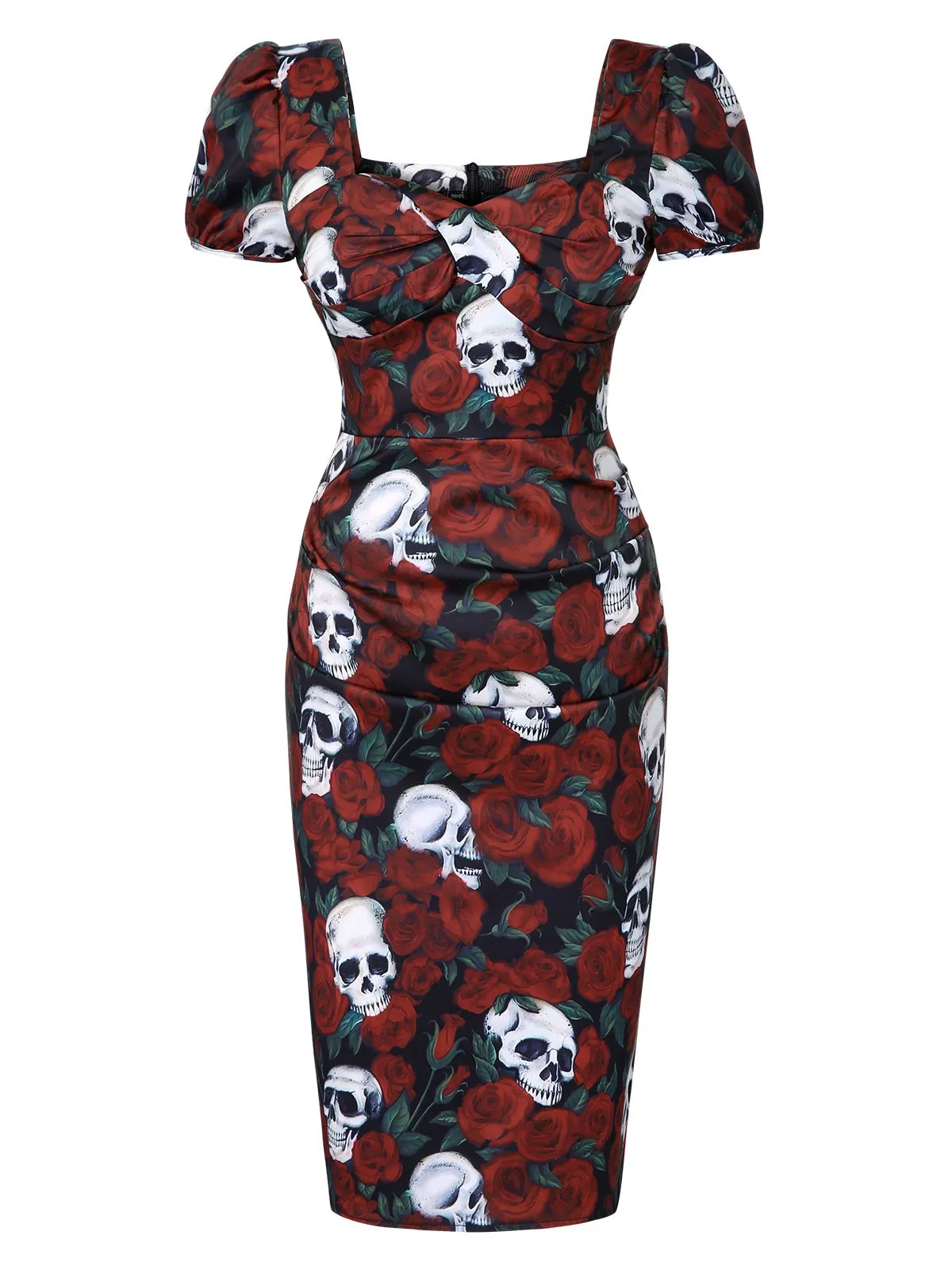 Red 1960s Rose Skull Sqaure Neck Pencil Dress sold by Retro Stage product image thumbnail 2