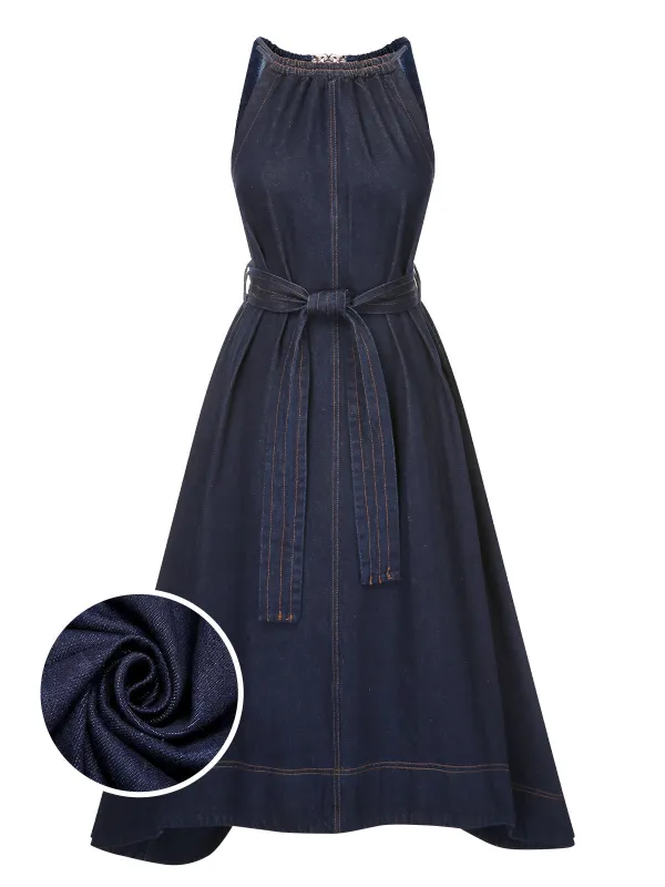Blue 1940s Denim Tie Back Dress sold by Retro Stage