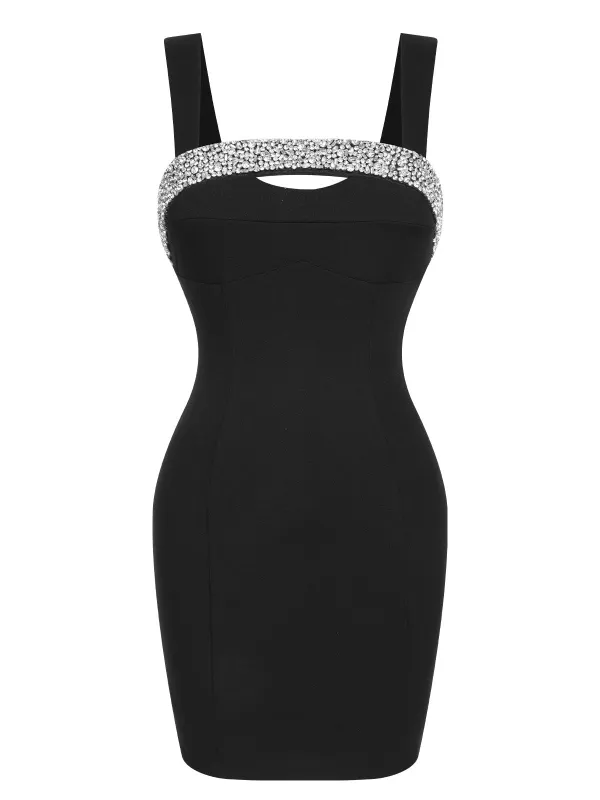 Black 1960s Rhinestone Patchwork Neck Mini Dress sold by Retro Stage