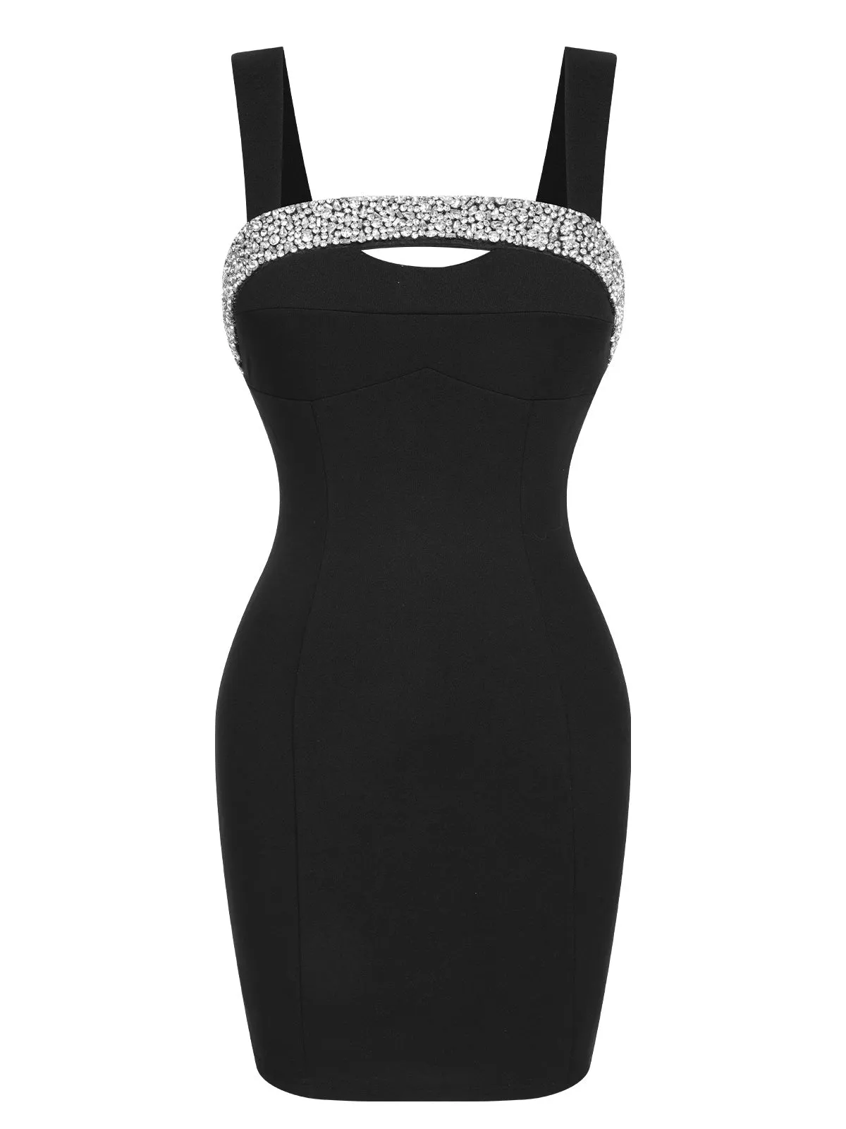 Black 1960s Rhinestone Patchwork Neck Mini Dress sold by Retro Stage