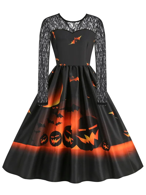 1950s Halloween Lace Sleeves Patchwork Dress sold by Retro Stage