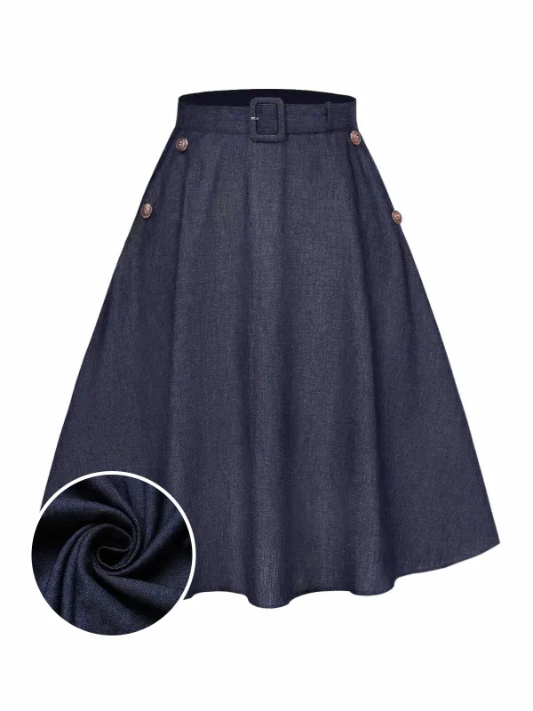 Blue 1940s Solid Button Skirt WIth Belt sold by Retro Stage